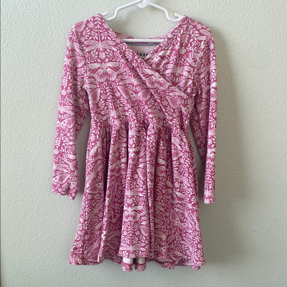 Mini Boden Pink and White V-Neck Long Sleeve Sundress